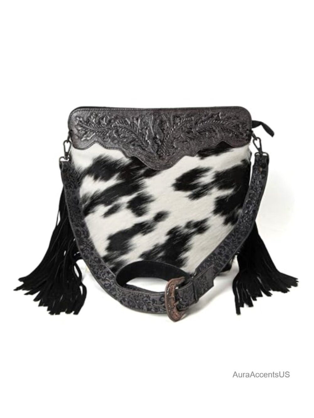 Natural Cowhide Leather Hand Tooled Crossbody Bag Detachable Strap